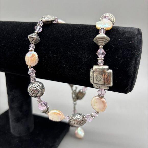 Artisan Silver Plated Bead Necklace Coin Pearl Pink Crystal Floral Toggle Clasp - Picture 2 of 9